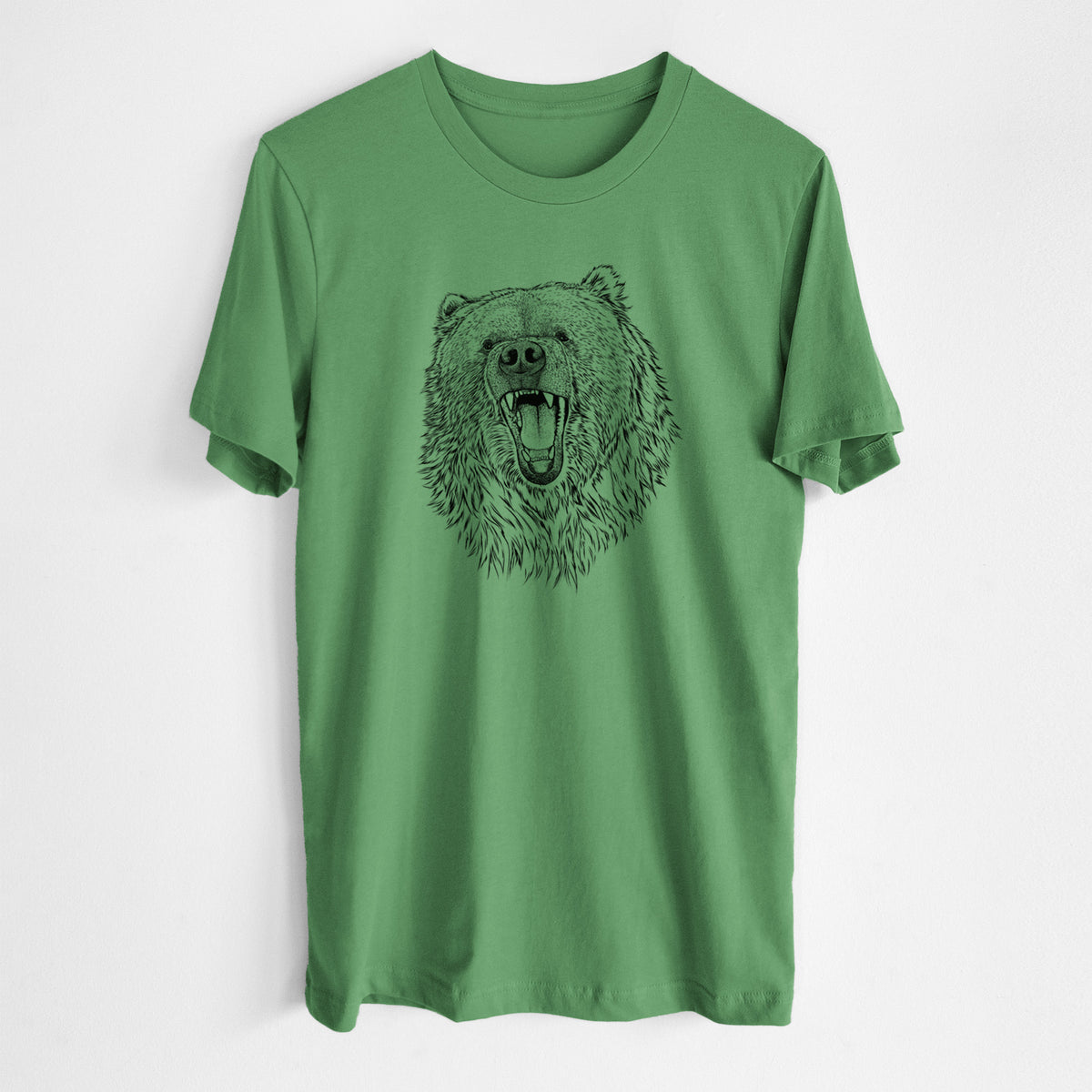 Leaf green lightweight cotton t-shirt laid flat, printed with a detailed black ink portrait of a roaring Kodiak bear facing forward.