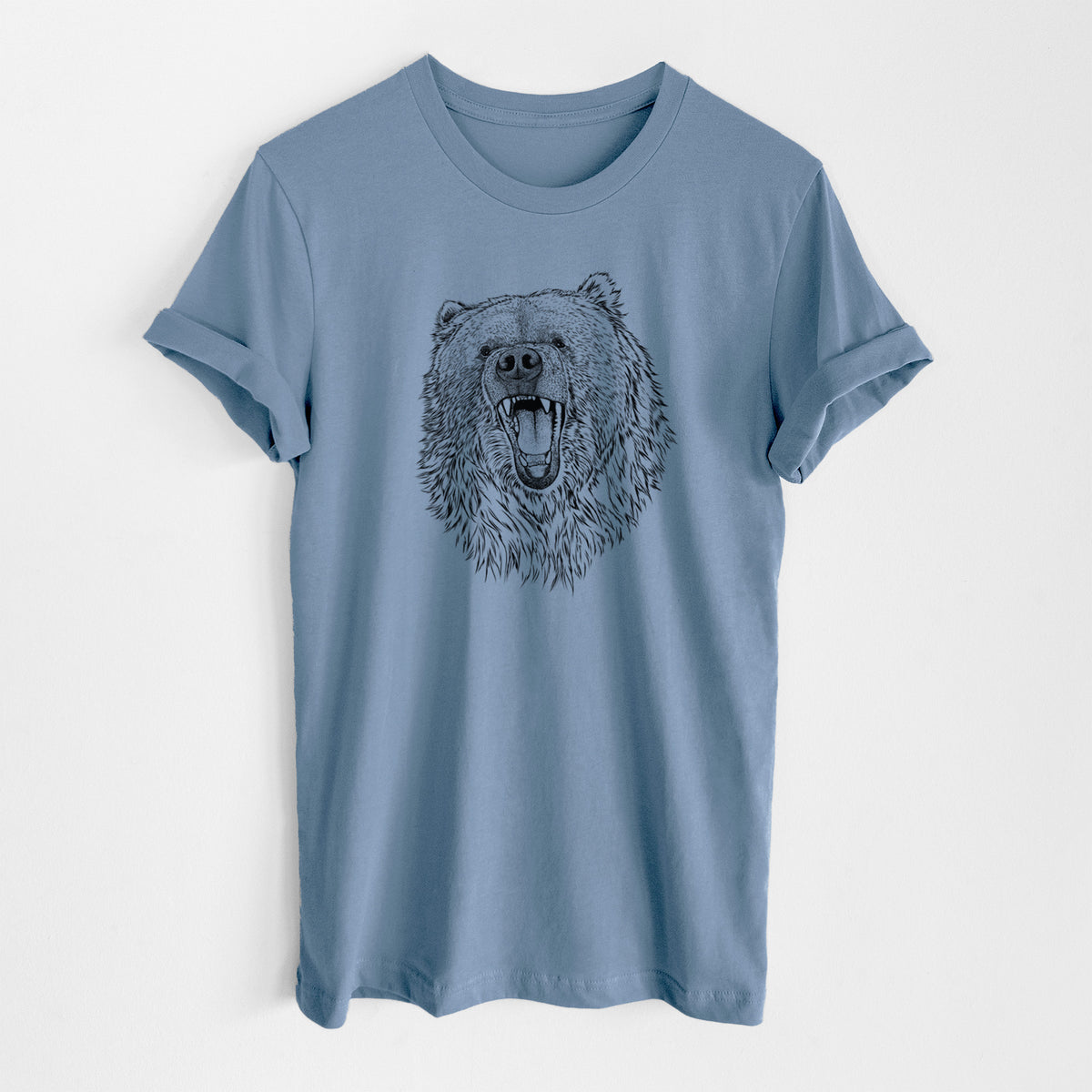 Steel blue lightweight cotton t-shirt laid flat, printed with a detailed black ink portrait of a roaring Kodiak bear facing forward.