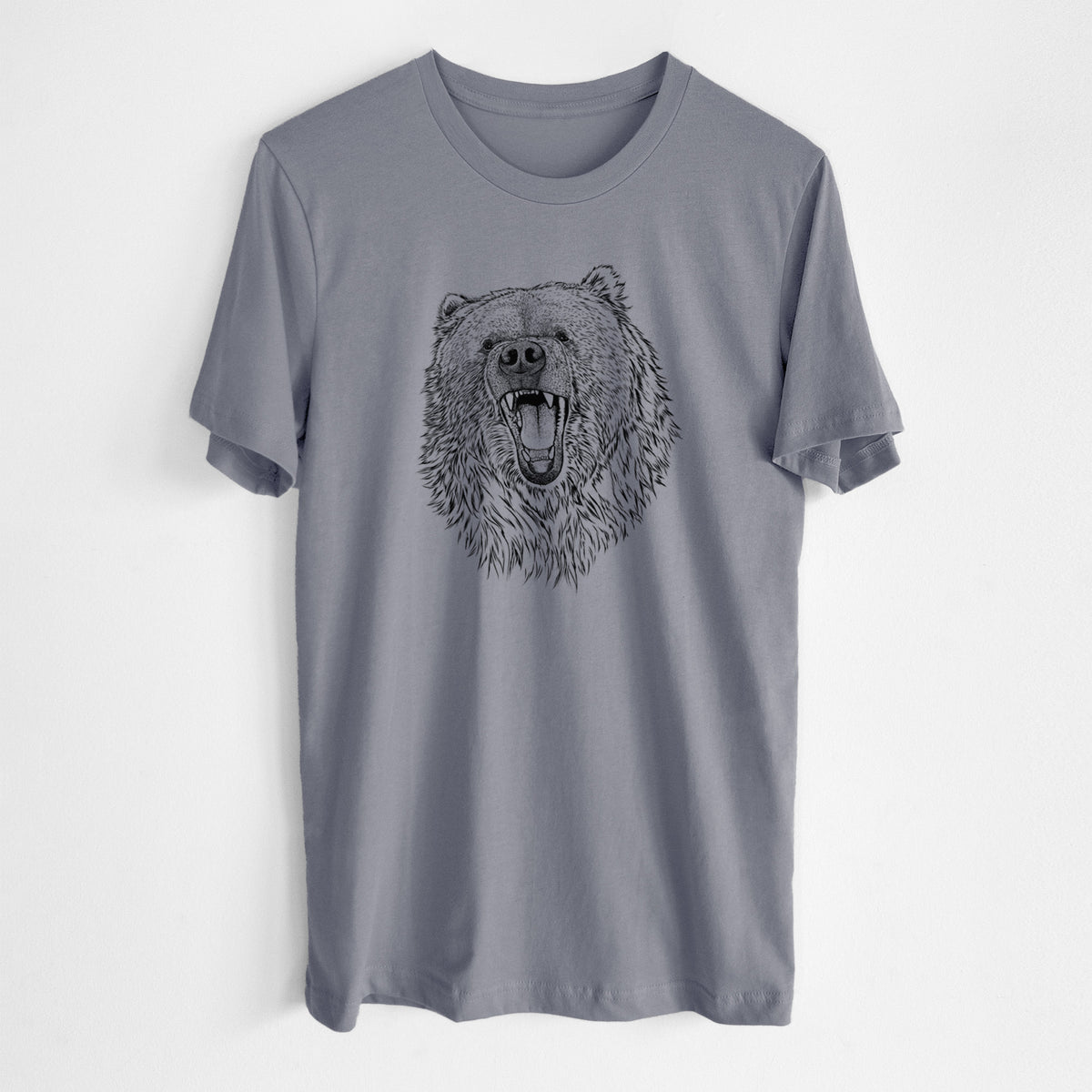 Storm grey lightweight cotton t-shirt laid flat, printed with a detailed black ink portrait of a roaring Kodiak bear facing forward.