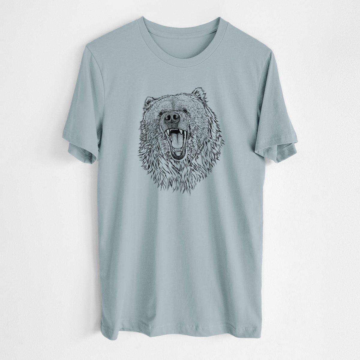 Vintage denim lightweight cotton t-shirt laid flat, printed with a detailed black ink portrait of a roaring Kodiak bear facing forward.