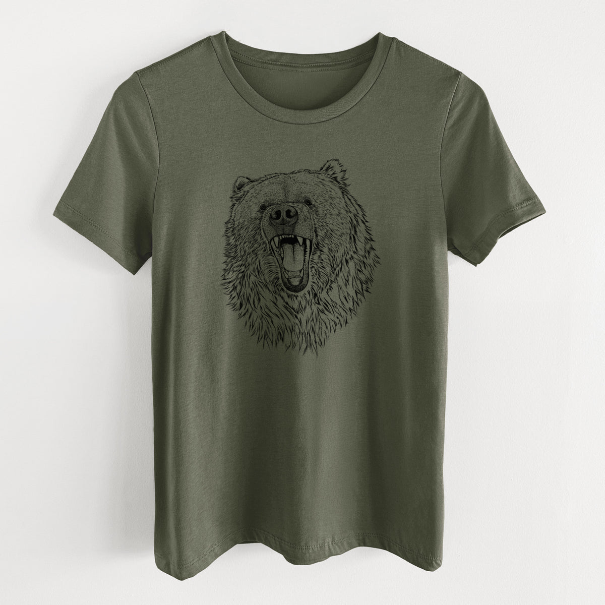 Military green women's relaxed fit cotton t-shirt laid flat, printed with a detailed black ink portrait of a roaring Kodiak bear facing forward.