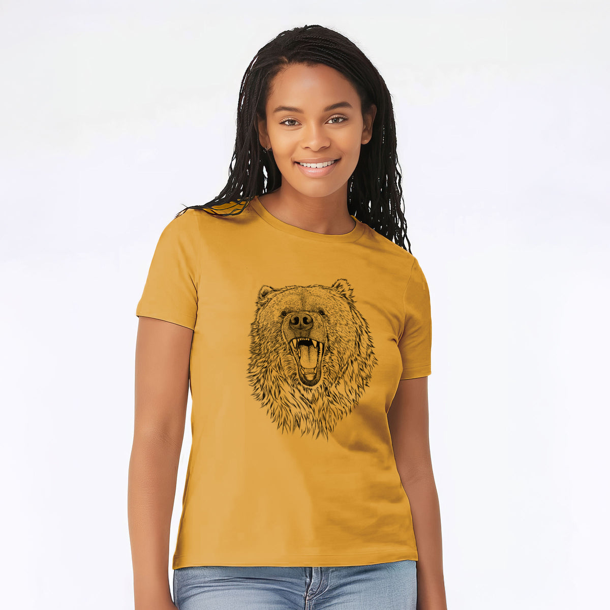 Woman wearing a mustard yellow women's relaxed fit cotton t-shirt printed with a detailed black ink portrait of a roaring Kodiak bear facing forward.