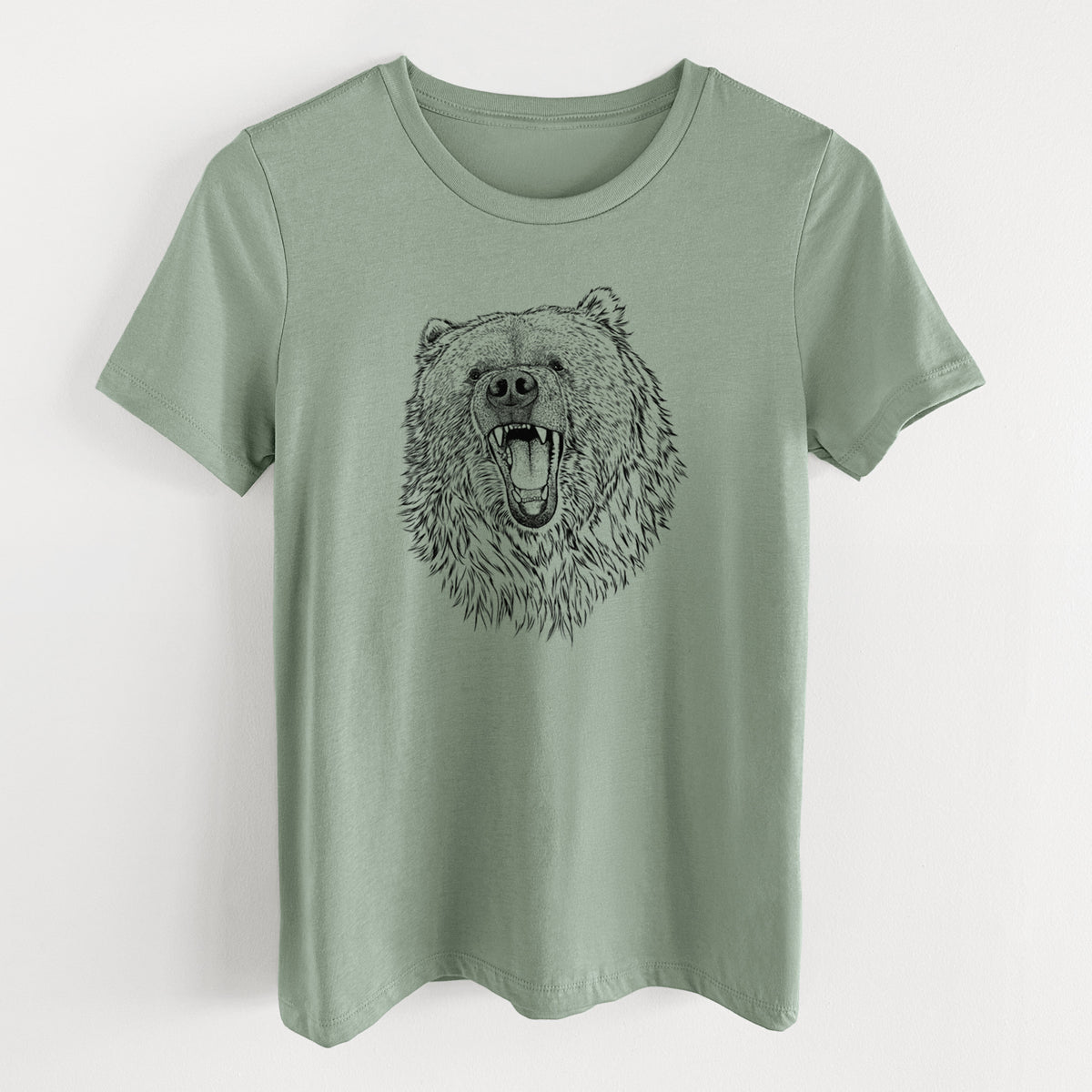 Sage green women's relaxed fit cotton t-shirt laid flat, printed with a detailed black ink portrait of a roaring Kodiak bear facing forward.
