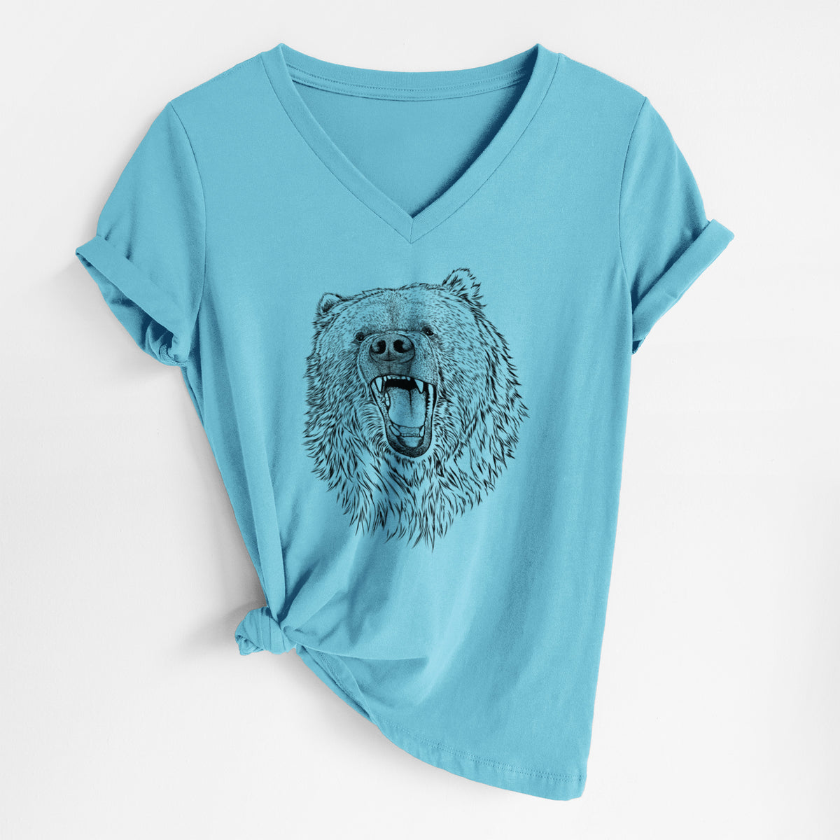 Turquoise women's relaxed fit cotton V-neck t-shirt laid flat, printed with a detailed black ink portrait of a roaring Kodiak bear facing forward.
