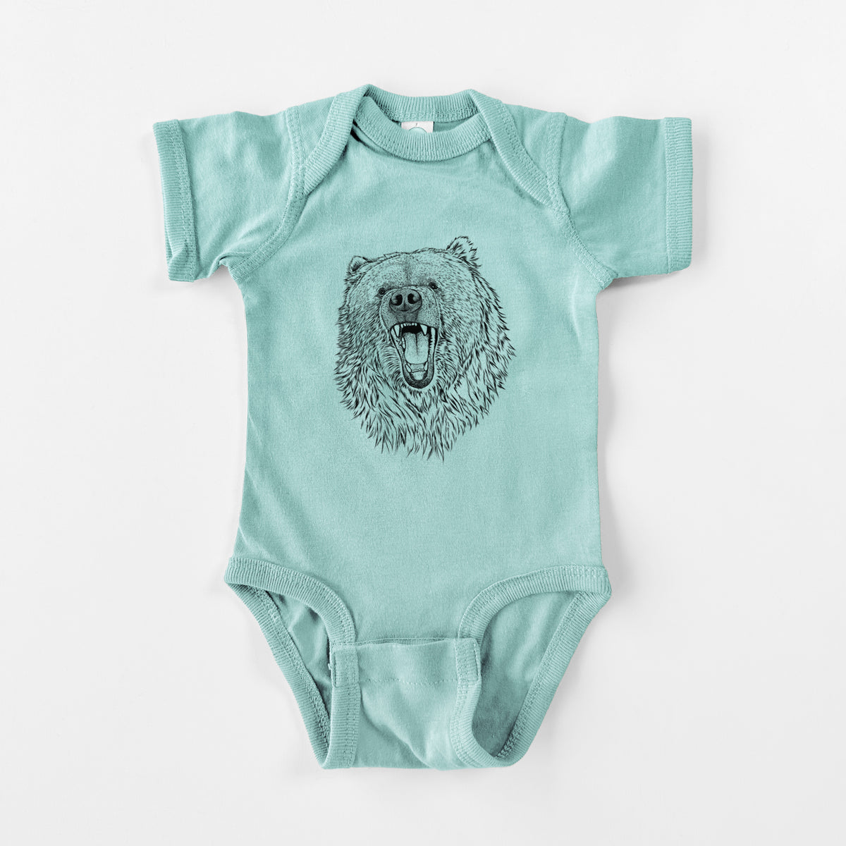 Saltwater baby bodysuit laid flat, printed with a detailed black ink portrait of a roaring Kodiak bear facing forward.