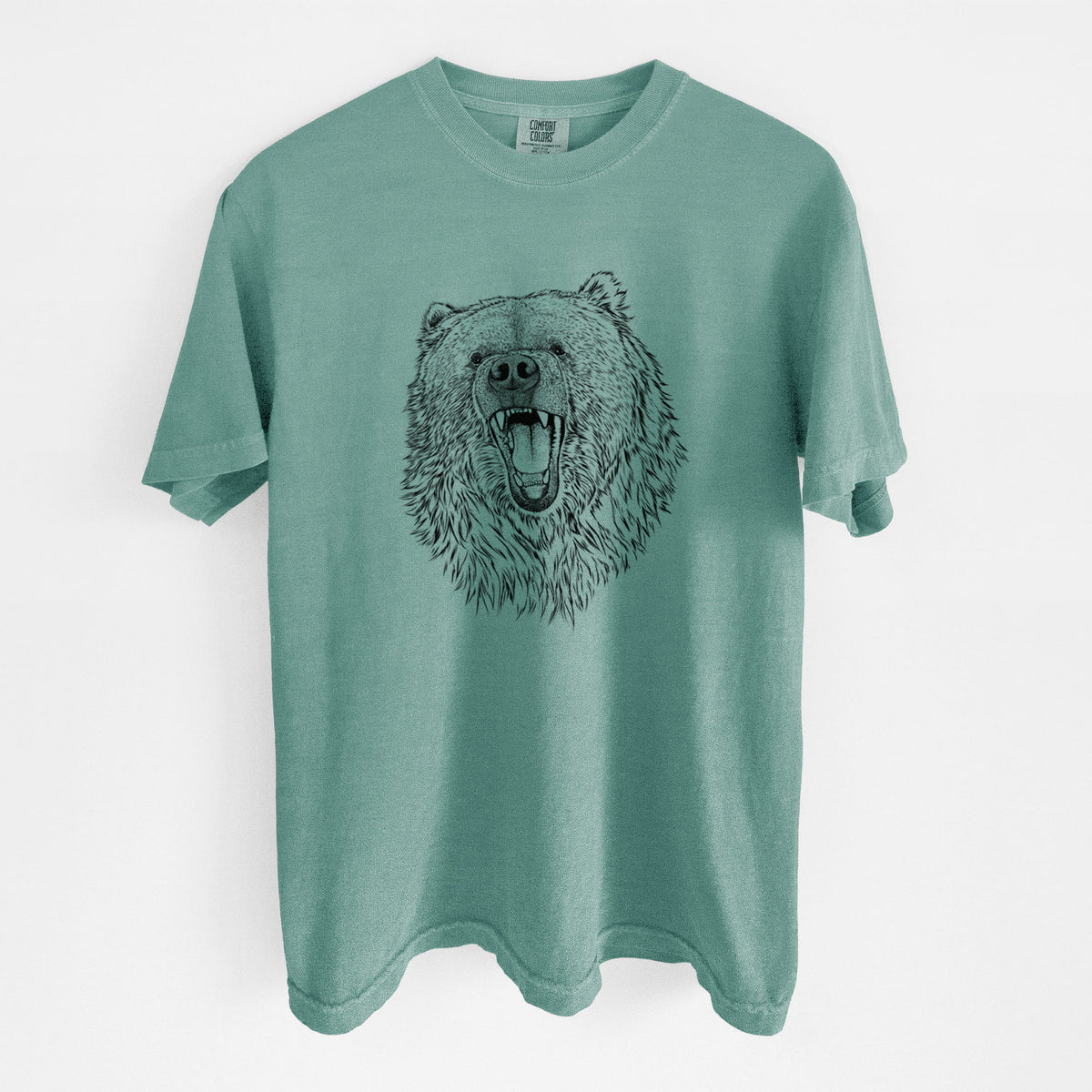 Reef green Comfort Colors t-shirt laid flat, printed with a detailed black ink portrait of a roaring Kodiak bear facing forward.