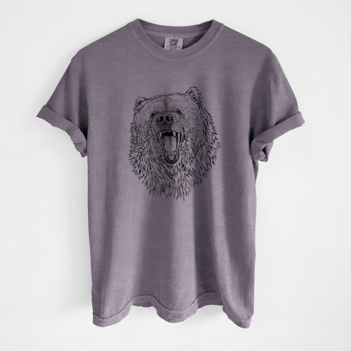Wine red Comfort Colors t-shirt laid flat, printed with a detailed black ink portrait of a roaring Kodiak bear facing forward.