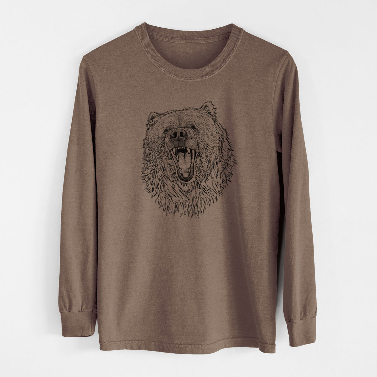 Espresso brown Comfort Colors long sleeve shirt laid flat, printed with a detailed black ink portrait of a roaring Kodiak bear facing forward.