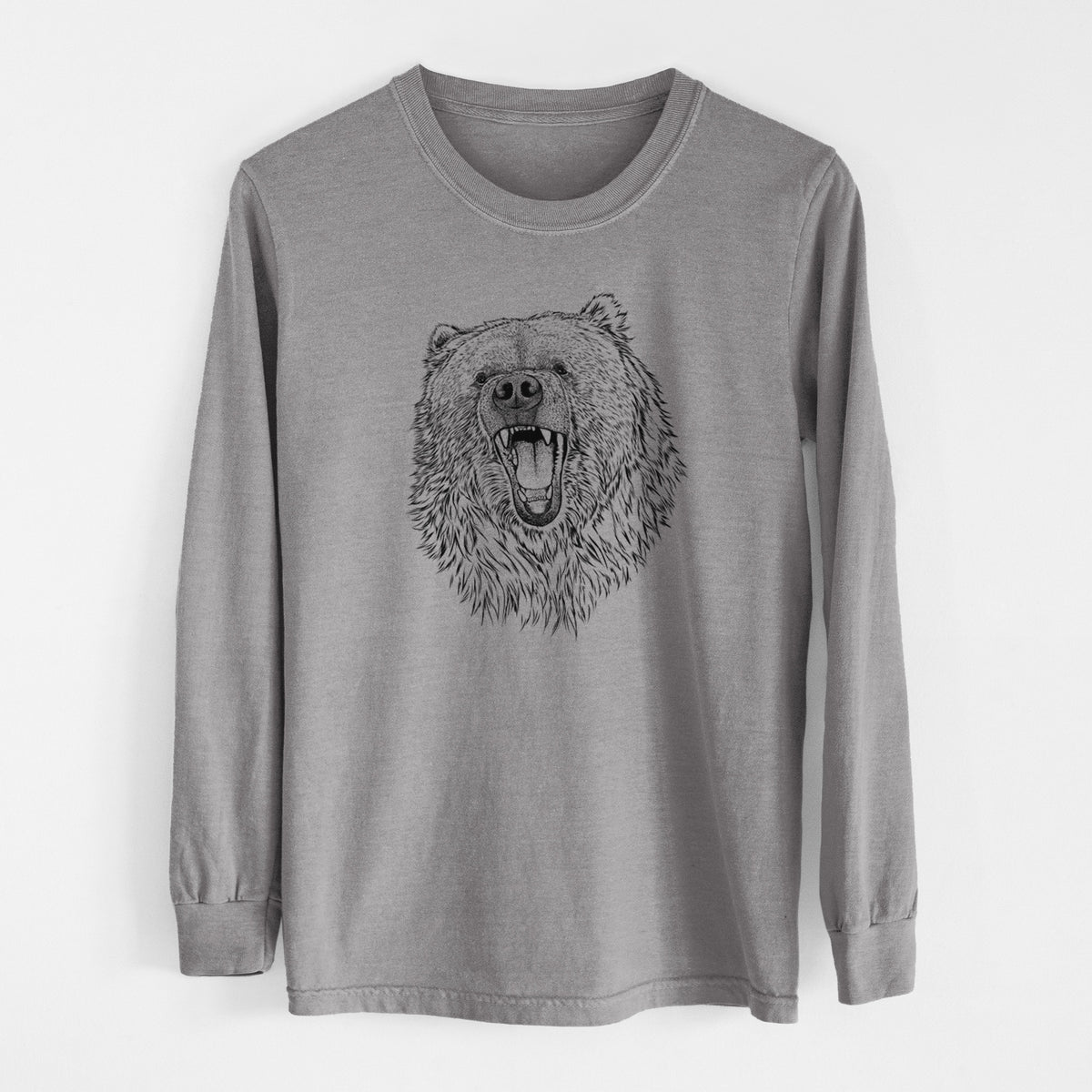 Grey Comfort Colors long sleeve shirt laid flat, printed with a detailed black ink portrait of a roaring Kodiak bear facing forward.