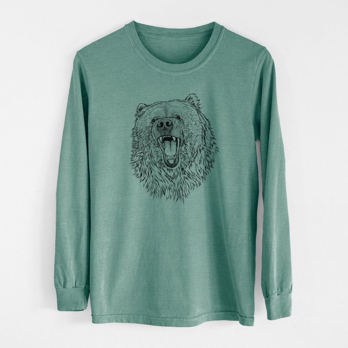 Pine green Comfort Colors long sleeve shirt laid flat, printed with a detailed black ink portrait of a roaring Kodiak bear facing forward.