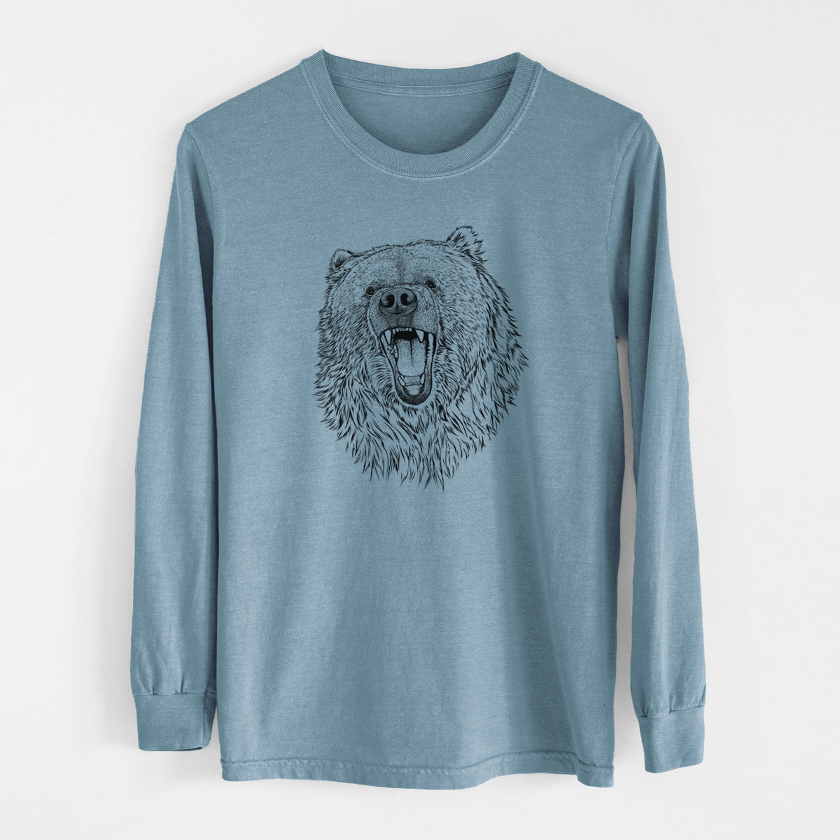 Steel blue Comfort Colors long sleeve shirt laid flat, printed with a detailed black ink portrait of a roaring Kodiak bear facing forward.