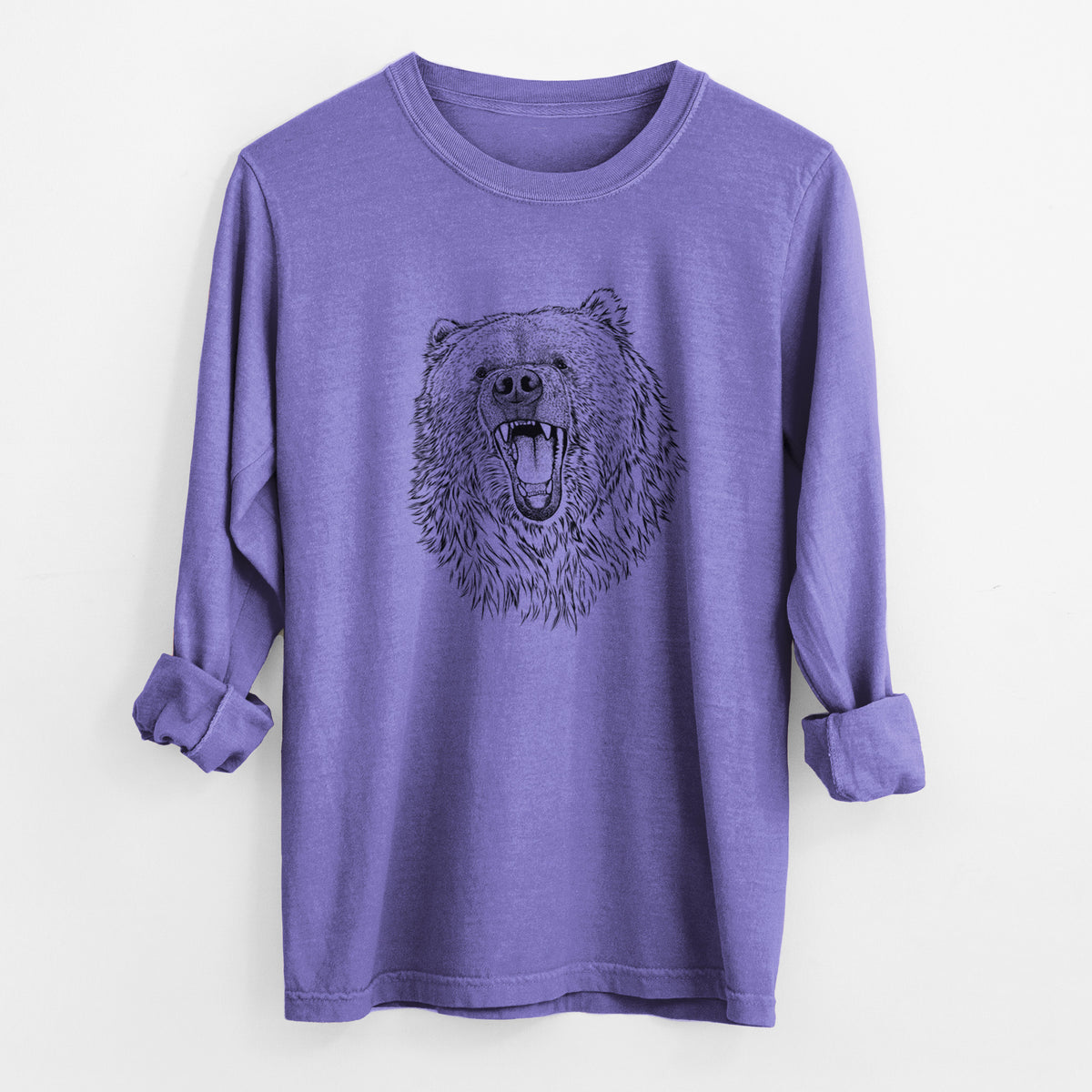Violet purple Comfort Colors long sleeve shirt laid flat with the cuffs rolled, printed with a detailed black ink portrait of a roaring Kodiak bear facing forward.