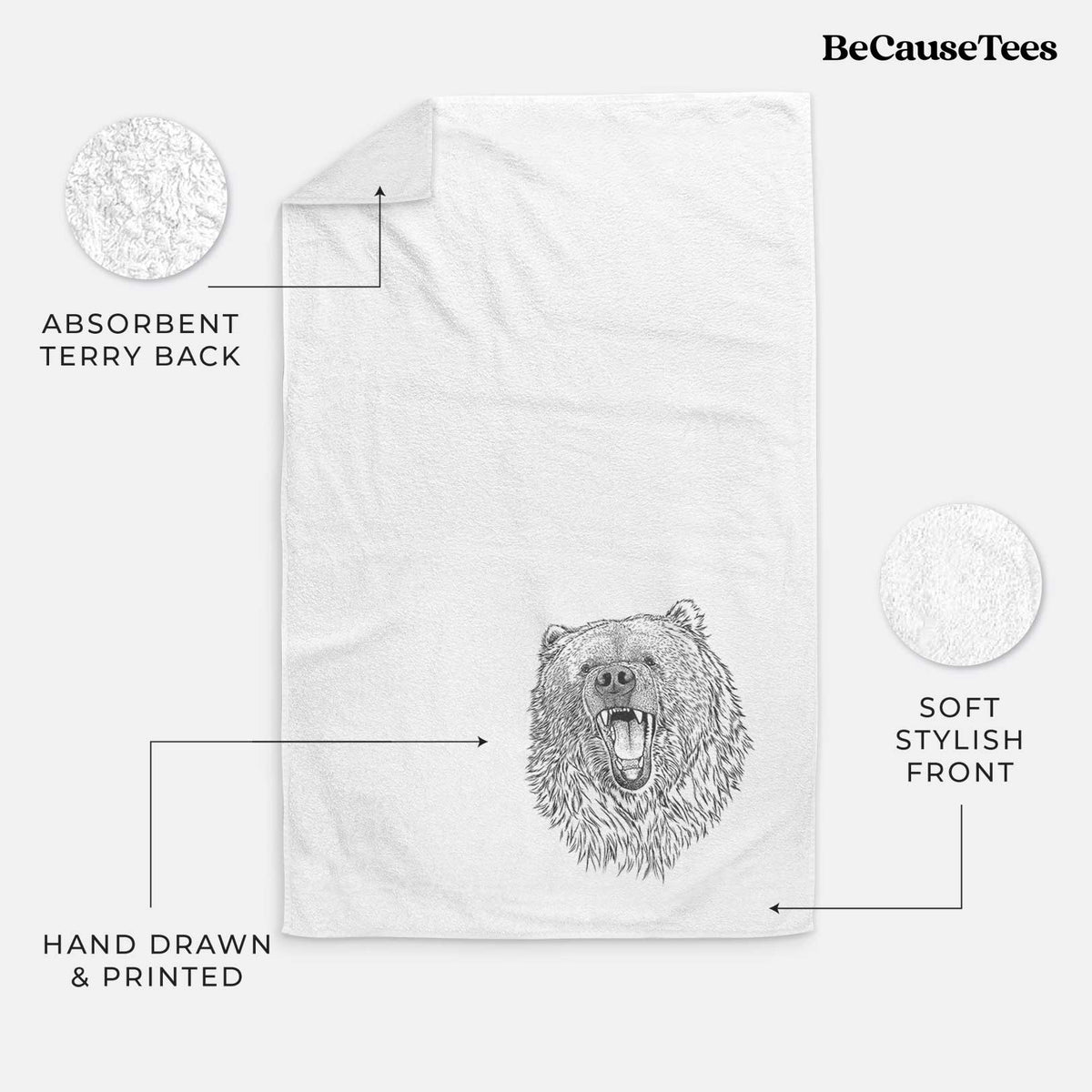 White hand towel printed with a detailed black ink portrait of a roaring Kodiak bear facing forward.
