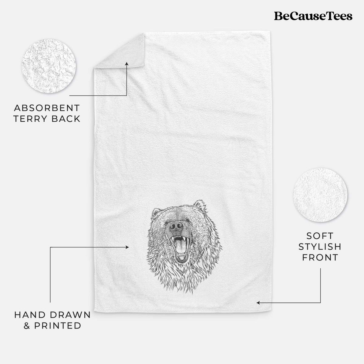 White hand towel printed with a detailed black ink portrait of a roaring Kodiak bear facing forward.