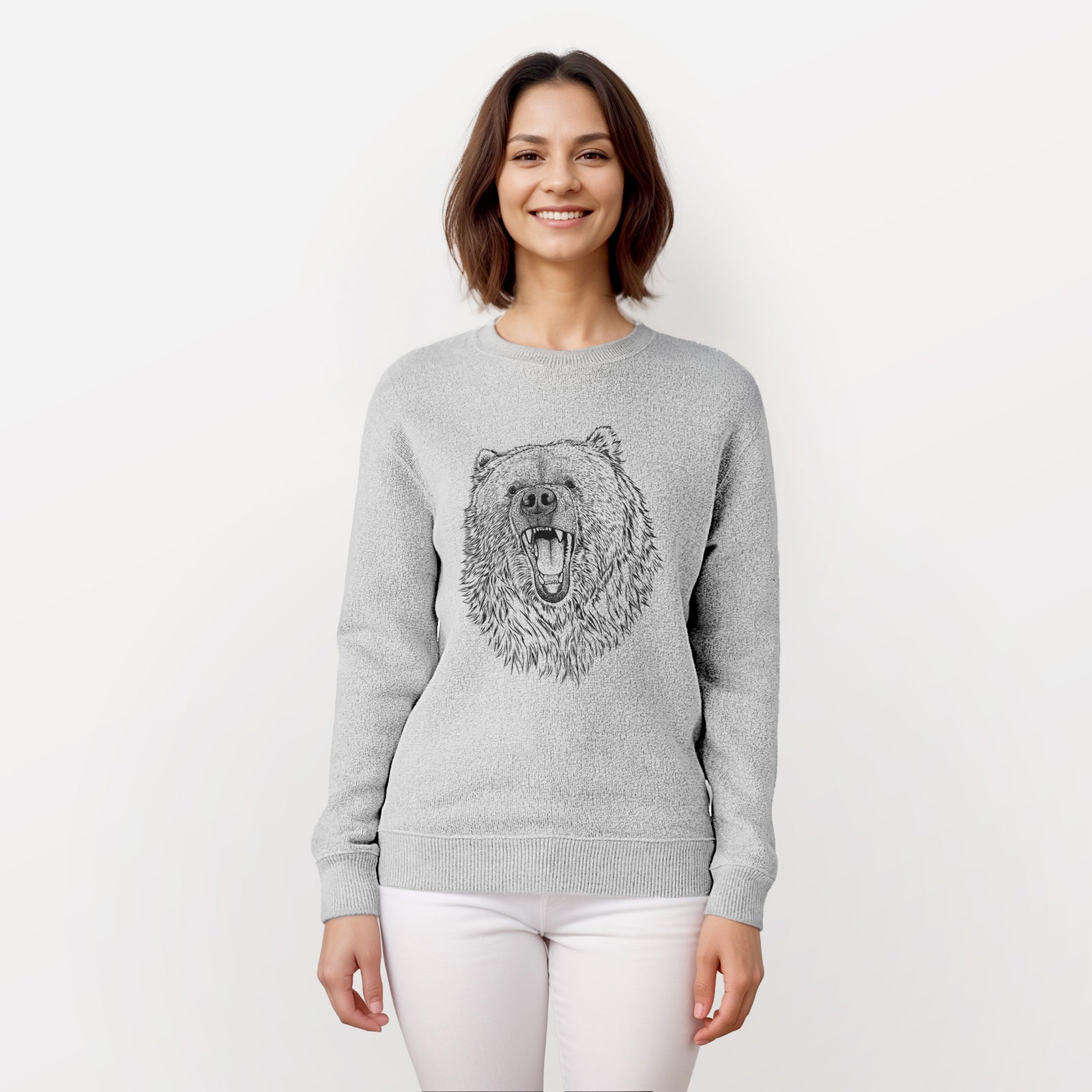 Salt and pepper knit sweatshirt laid flat, printed with a detailed black ink portrait of a roaring Kodiak bear facing forward.