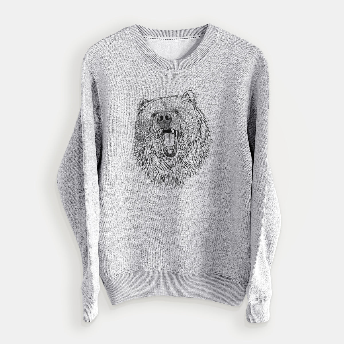 Salt and pepper knit sweatshirt laid flat, printed with a detailed black ink portrait of a roaring Kodiak bear facing forward.