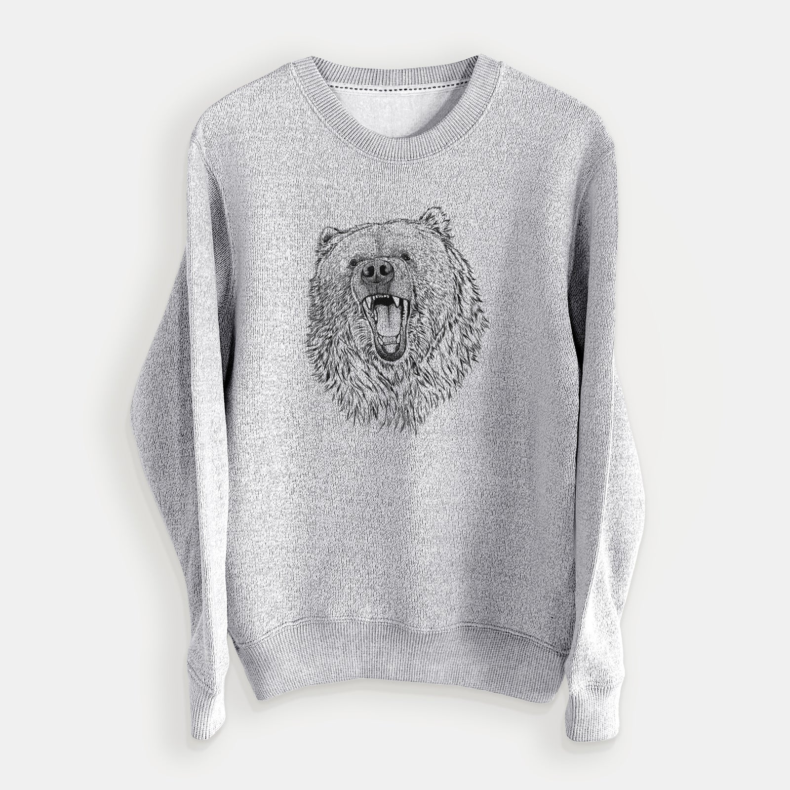 Salt and pepper knit sweatshirt laid flat, printed with a detailed black ink portrait of a roaring Kodiak bear facing forward.