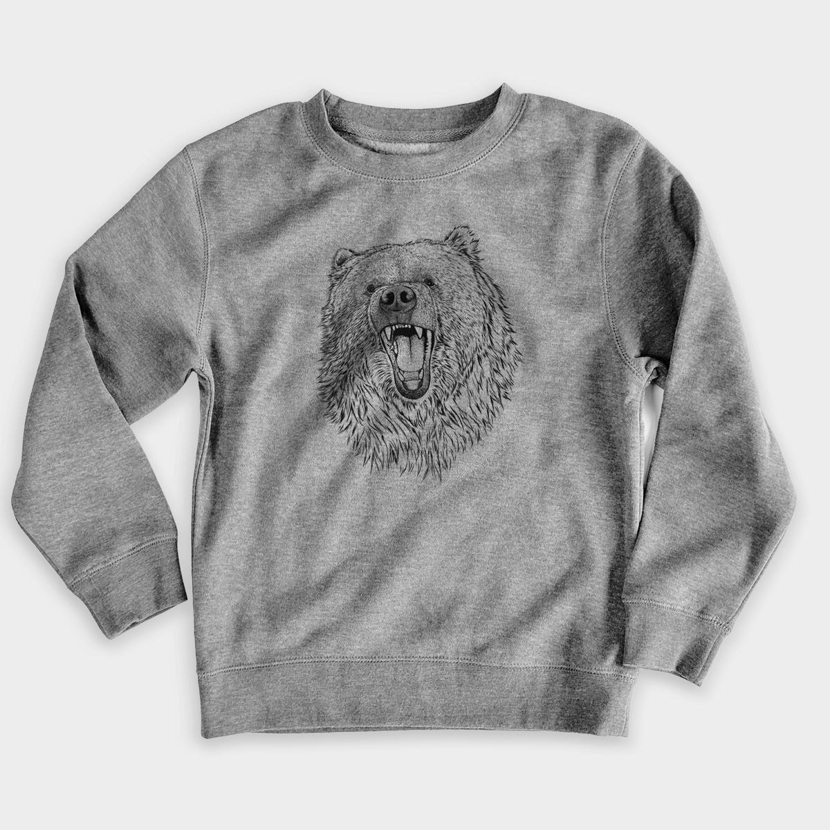 Nickel grey youth crewneck sweatshirt laid flat, printed with a detailed black ink portrait of a roaring Kodiak bear facing forward.