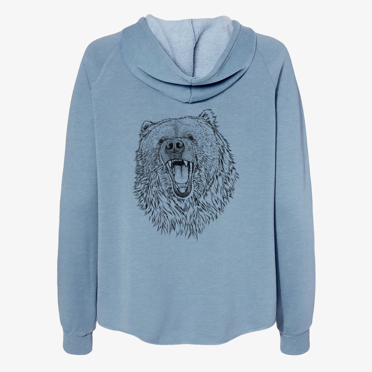 Misty blue women's Cali Wave zip-up sweatshirt laid flat, printed with a detailed black ink portrait of a roaring Kodiak bear facing forward.