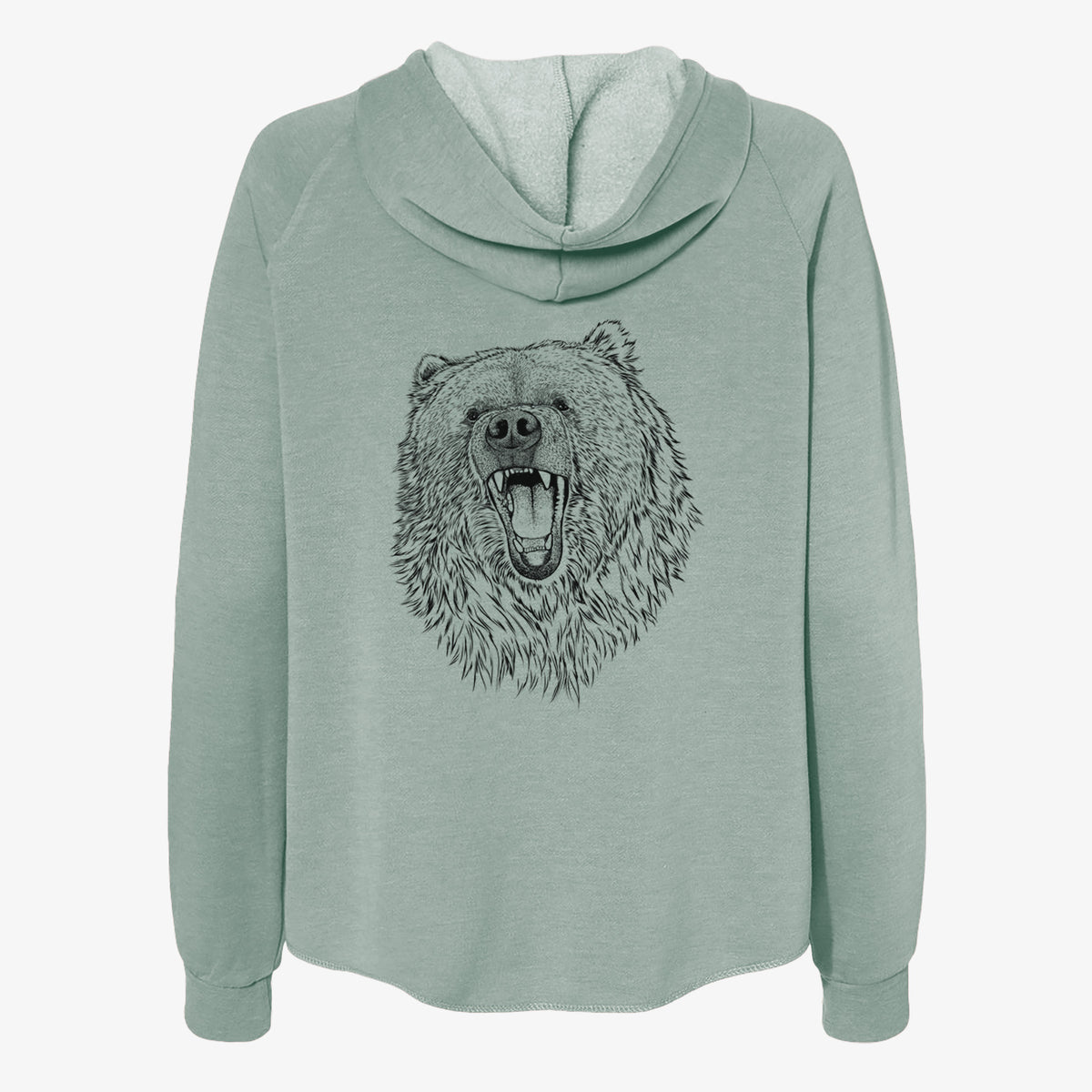 Sage green women's Cali Wave zip-up sweatshirt laid flat, printed with a detailed black ink portrait of a roaring Kodiak bear facing forward.