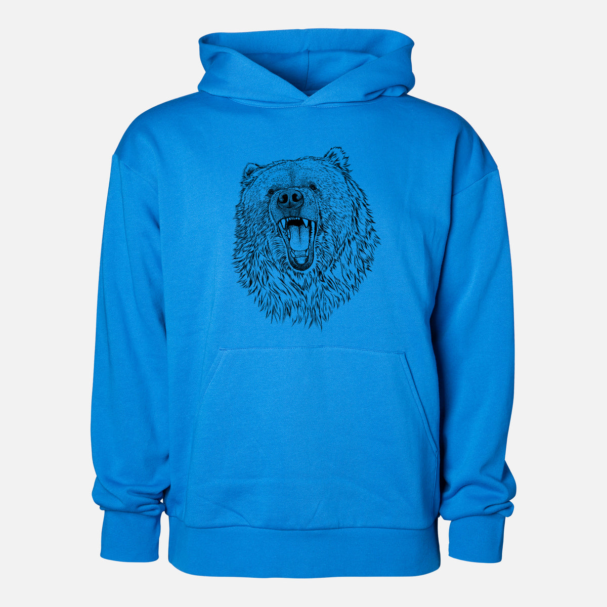 Ursus arctos - Kodiak Bear - Statement Midweight Hoodie in Azure Blue, shown from the front with the design printed on the chest above a front kangaroo pocket.