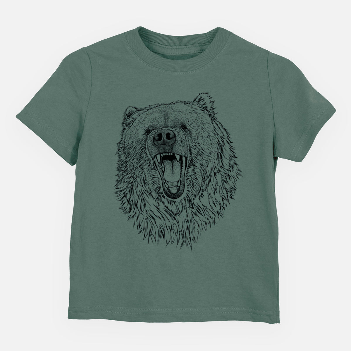 Basil green toddler t-shirt laid flat, printed with a detailed black ink portrait of a roaring Kodiak bear facing forward.