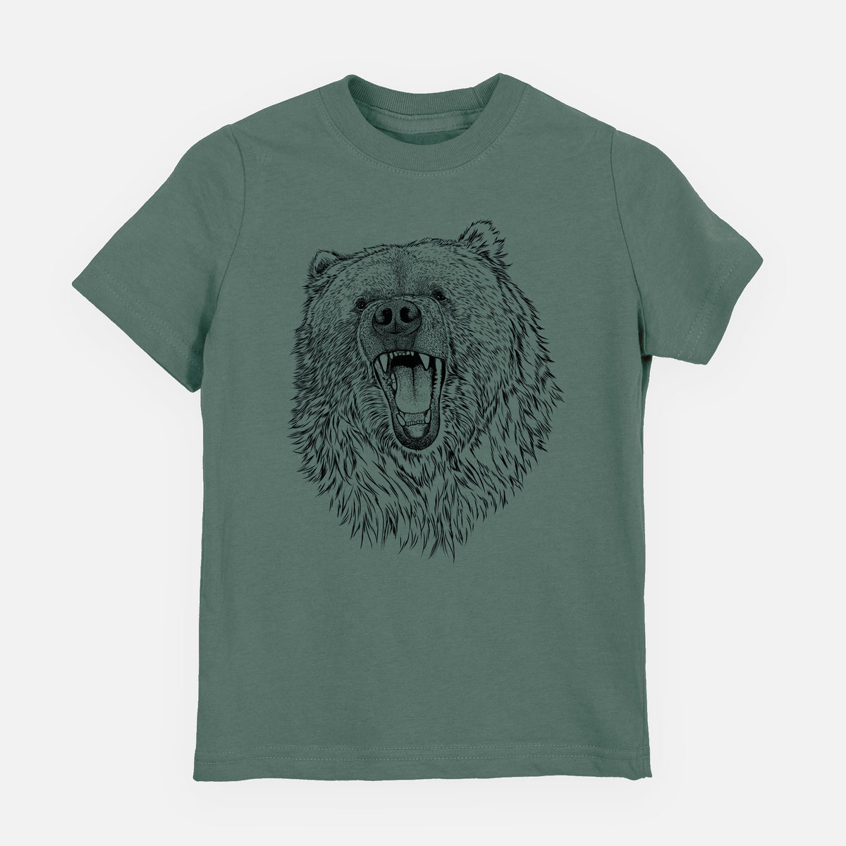 Basil green youth t-shirt laid flat, printed with a detailed black ink portrait of a roaring Kodiak bear facing forward.