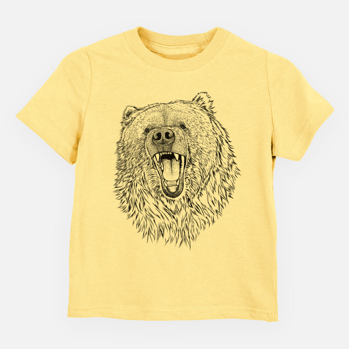Butter yellow toddler t-shirt laid flat, printed with a detailed black ink portrait of a roaring Kodiak bear facing forward.