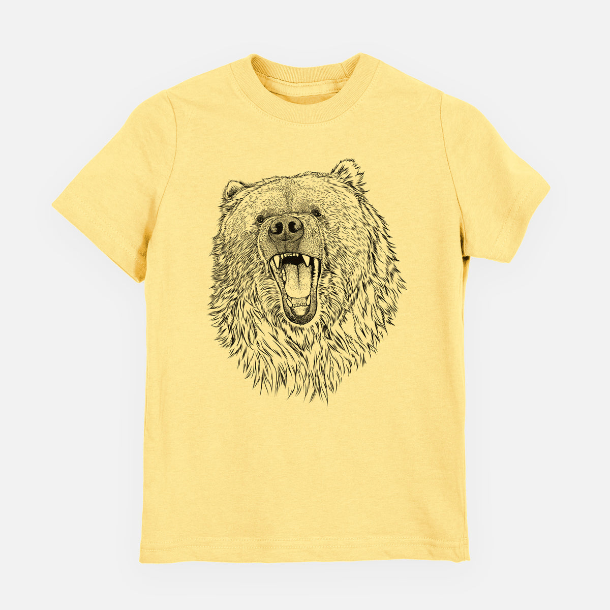 Butter yellow youth t-shirt laid flat, printed with a detailed black ink portrait of a roaring Kodiak bear facing forward.