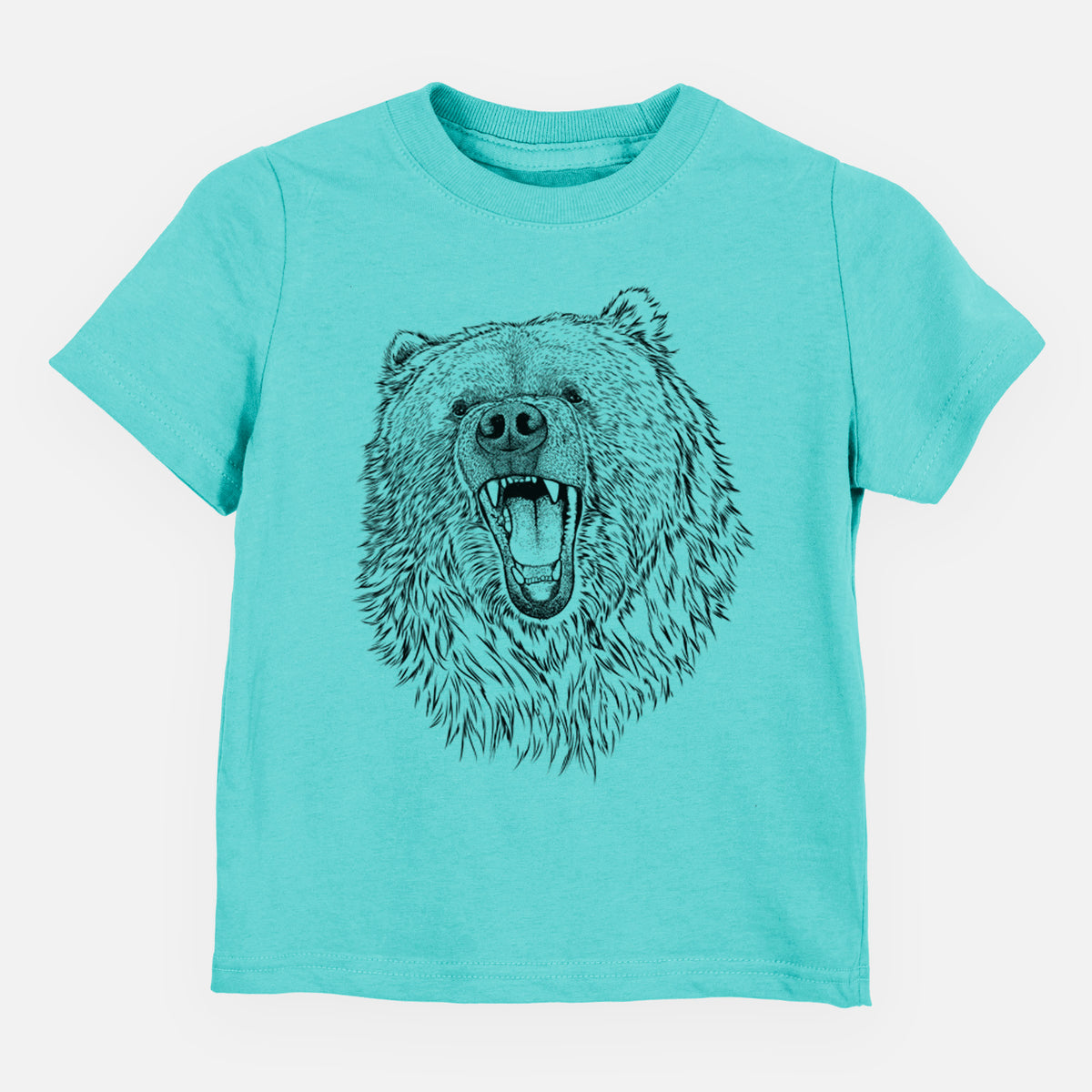 Caribbean blue toddler t-shirt laid flat, printed with a detailed black ink portrait of a roaring Kodiak bear facing forward.