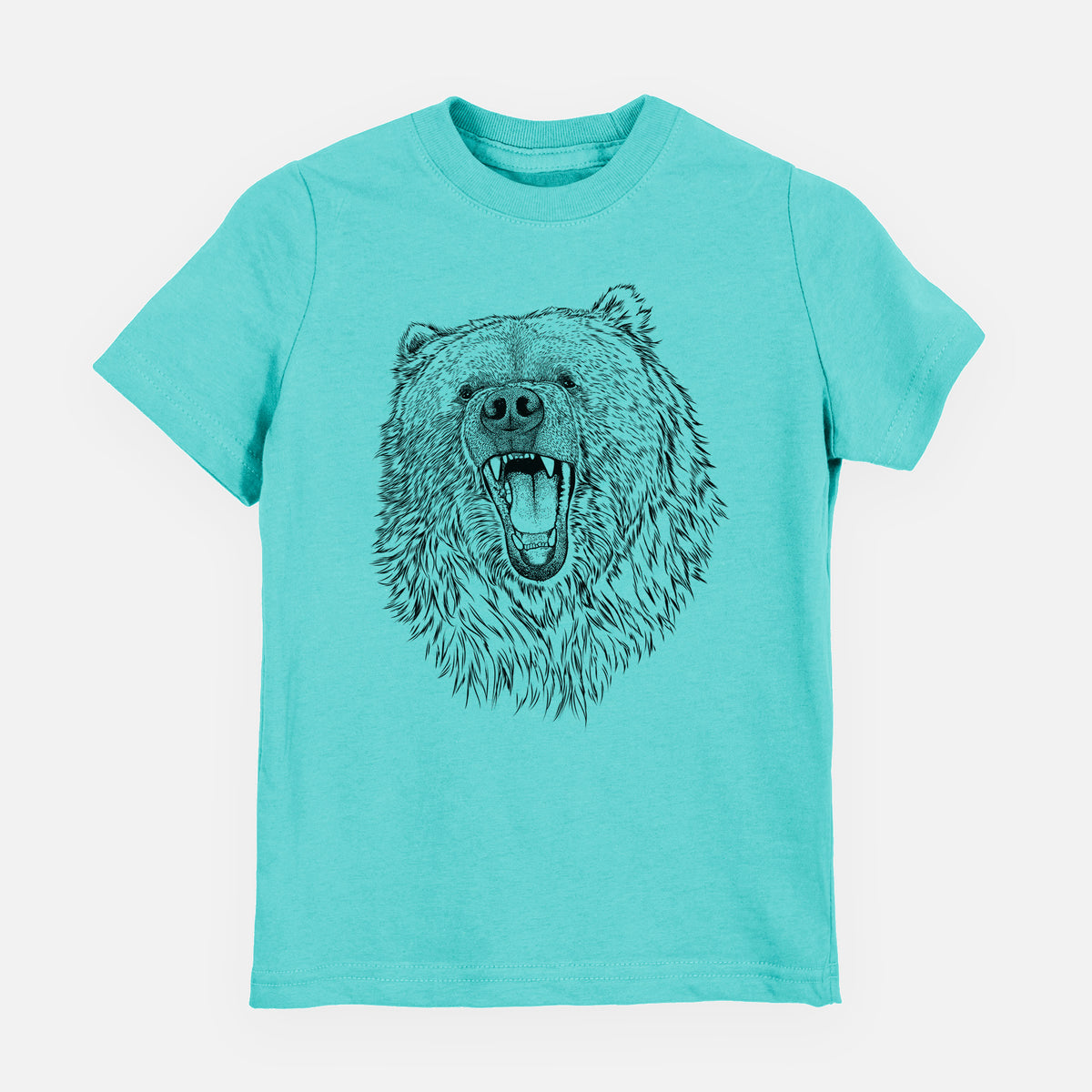 Caribbean blue youth t-shirt laid flat, printed with a detailed black ink portrait of a roaring Kodiak bear facing forward.