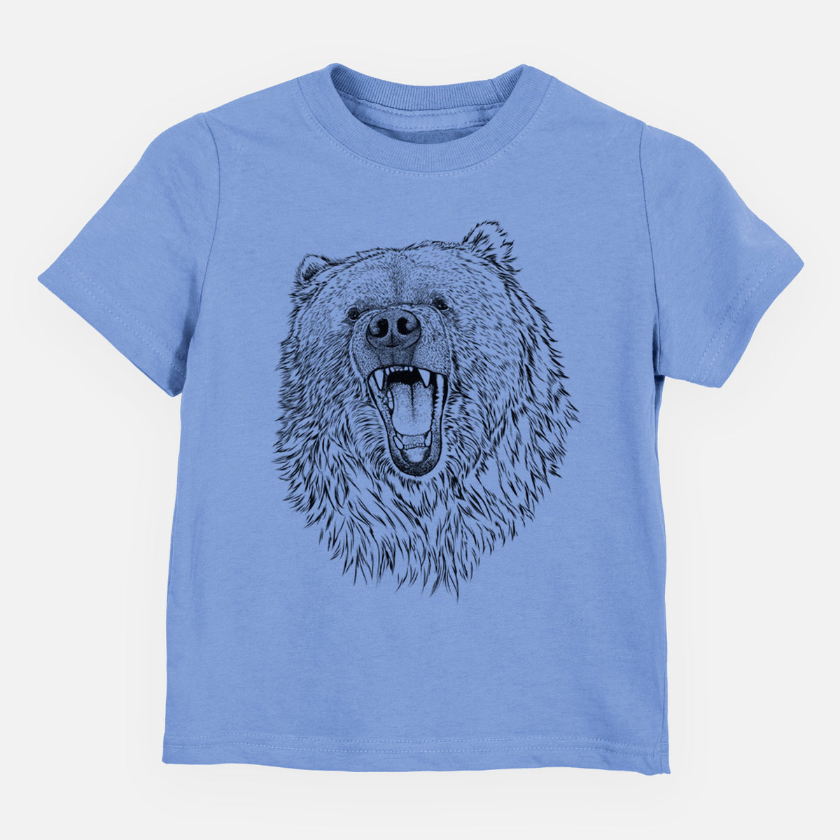 Carolina blue toddler t-shirt laid flat, printed with a detailed black ink portrait of a roaring Kodiak bear facing forward.