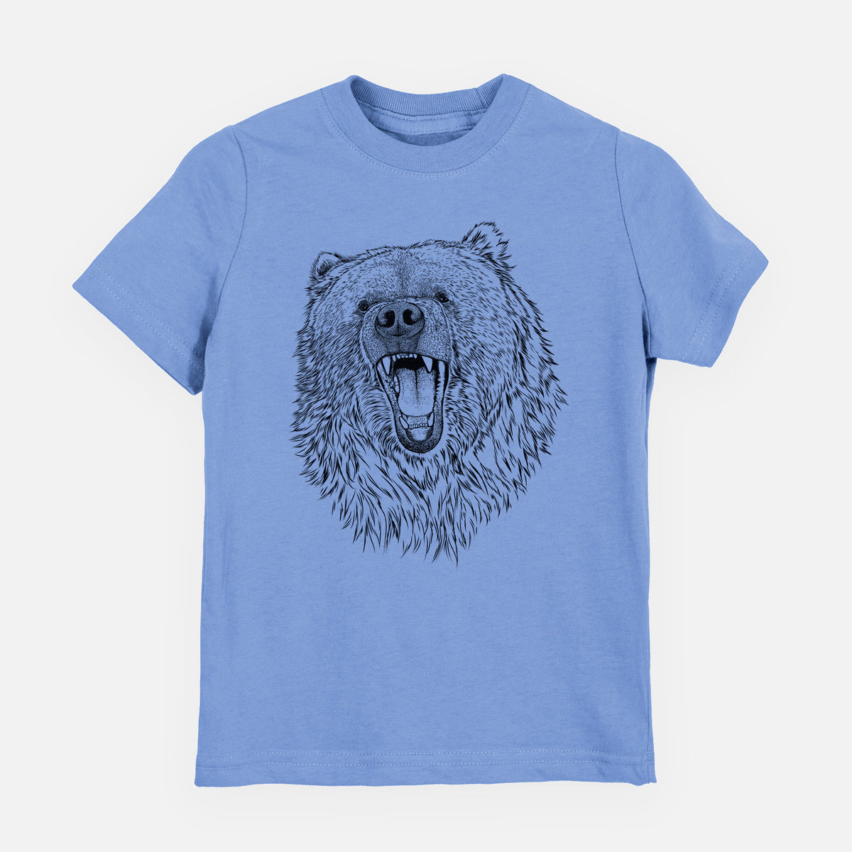 Carolina blue youth t-shirt laid flat, printed with a detailed black ink portrait of a roaring Kodiak bear facing forward.