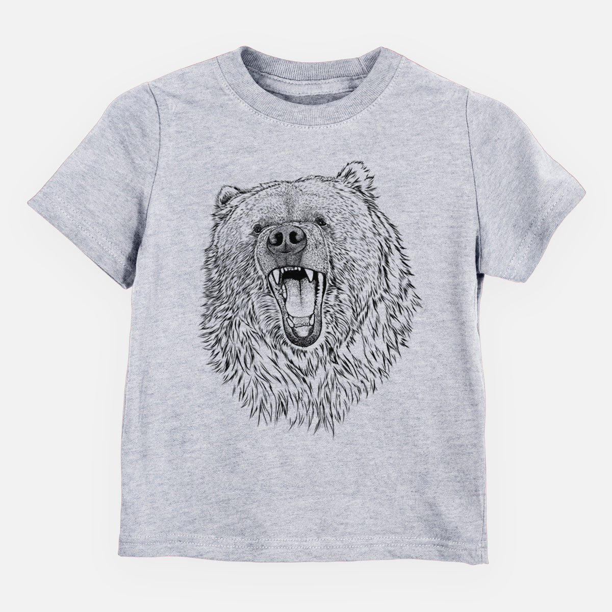 Heather grey toddler t-shirt laid flat, printed with a detailed black ink portrait of a roaring Kodiak bear facing forward.