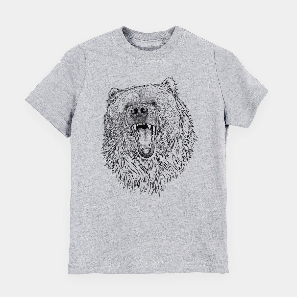 Heather grey youth t-shirt laid flat, printed with a detailed black ink portrait of a roaring Kodiak bear facing forward.