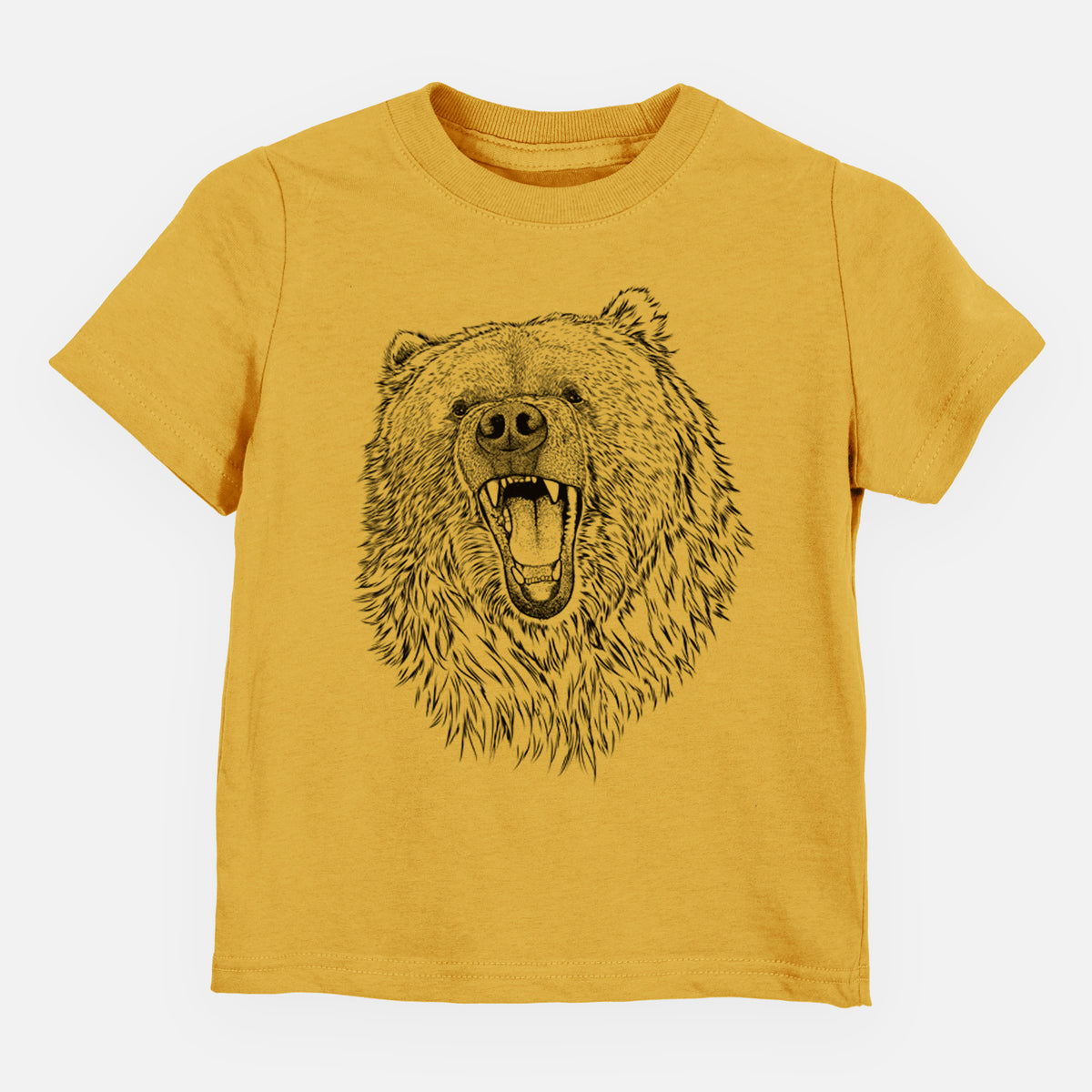 Honeycomb yellow toddler t-shirt laid flat, printed with a detailed black ink portrait of a roaring Kodiak bear facing forward.