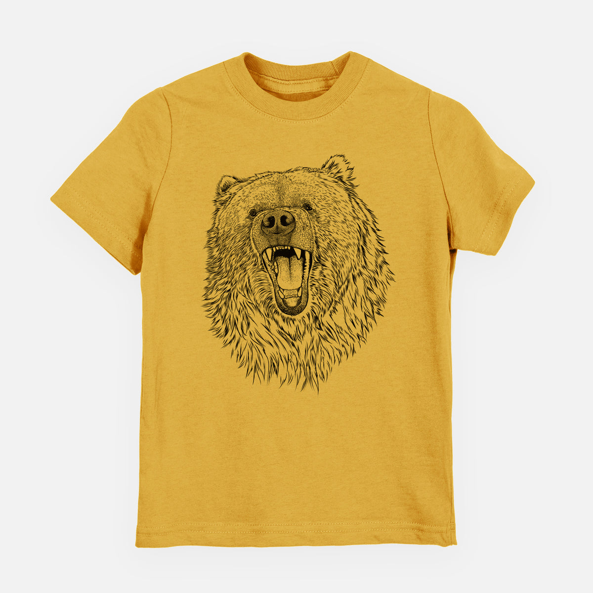 Honeycomb yellow youth t-shirt laid flat, printed with a detailed black ink portrait of a roaring Kodiak bear facing forward.