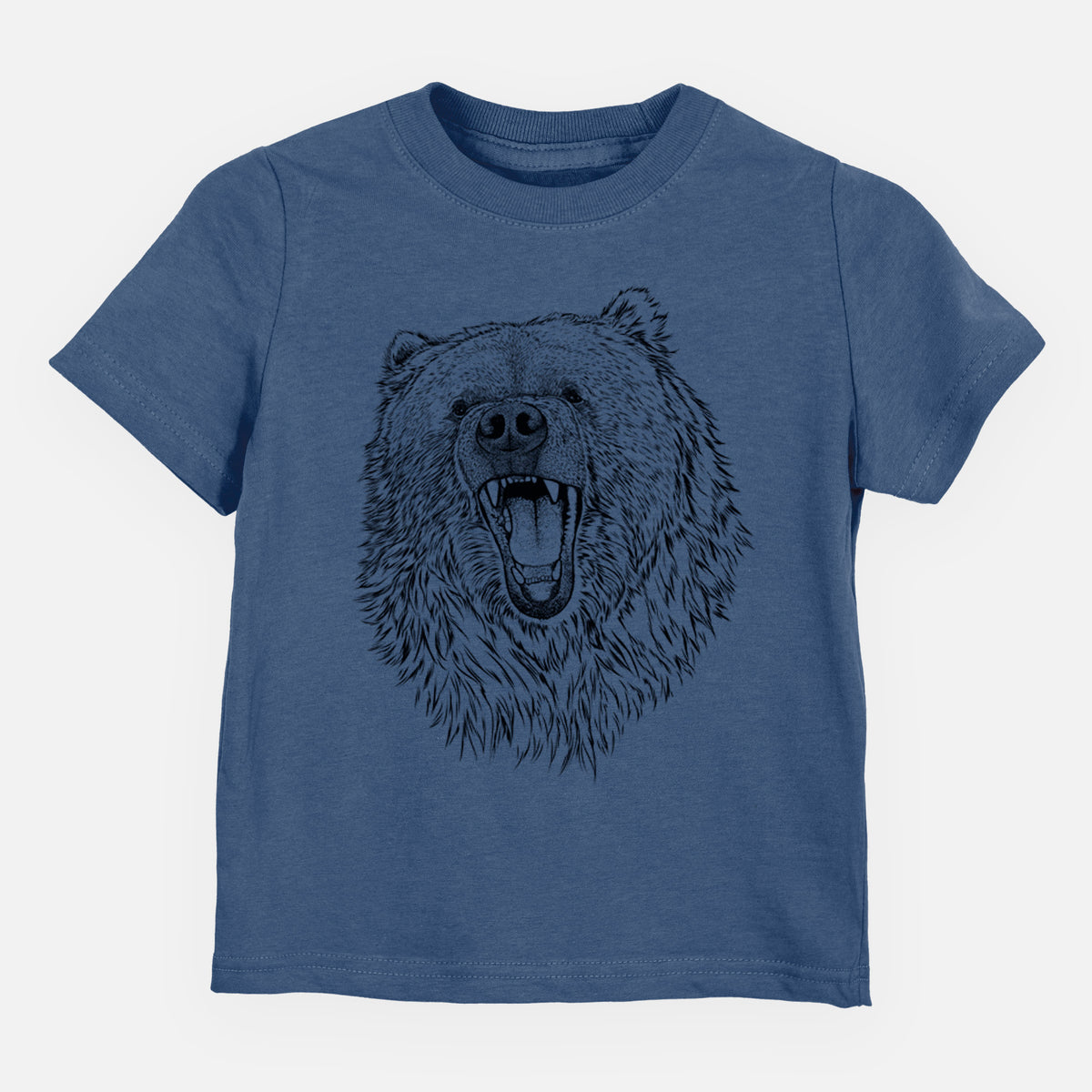 Indigo blue toddler t-shirt laid flat, printed with a detailed black ink portrait of a roaring Kodiak bear facing forward.