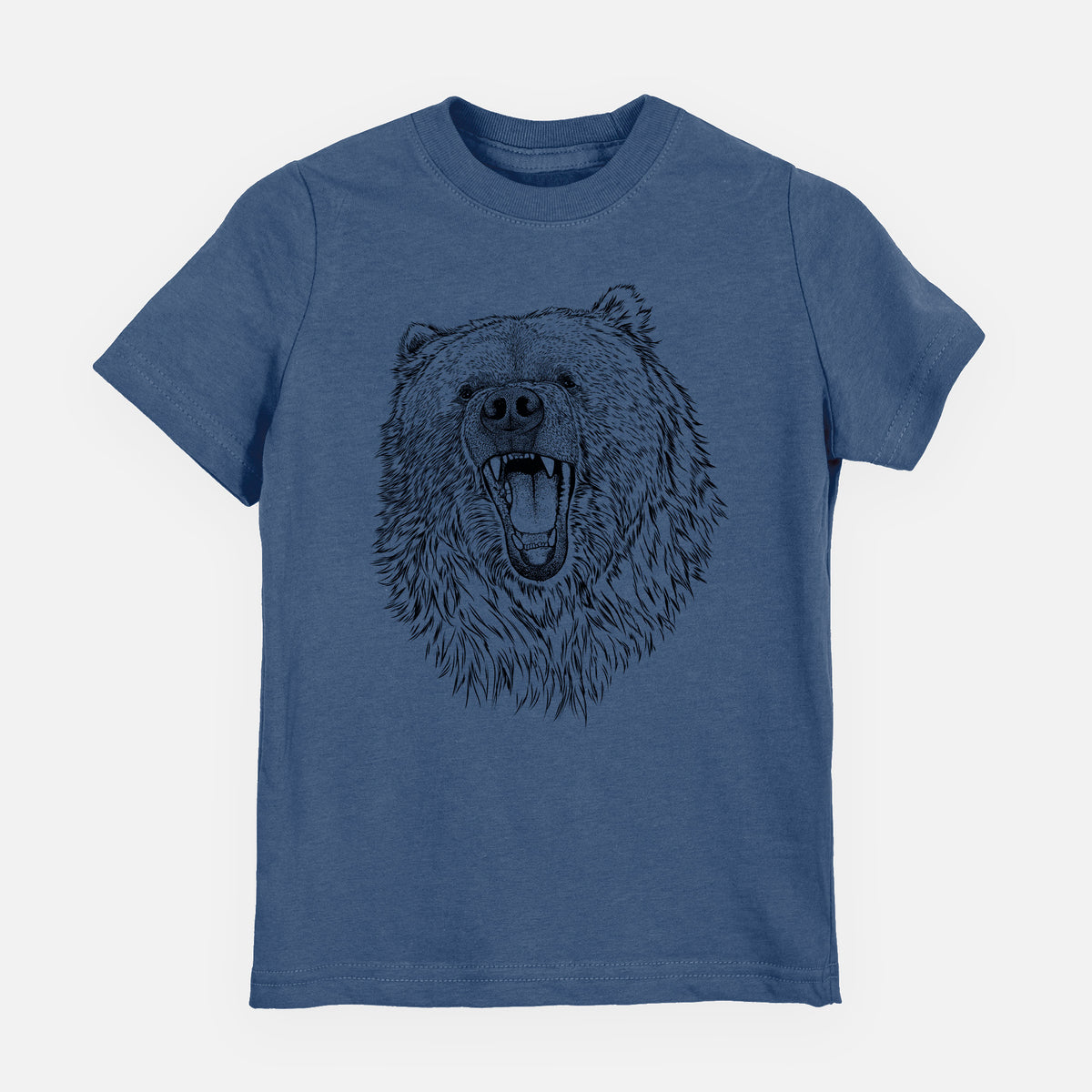 Indigo blue youth t-shirt laid flat, printed with a detailed black ink portrait of a roaring Kodiak bear facing forward.