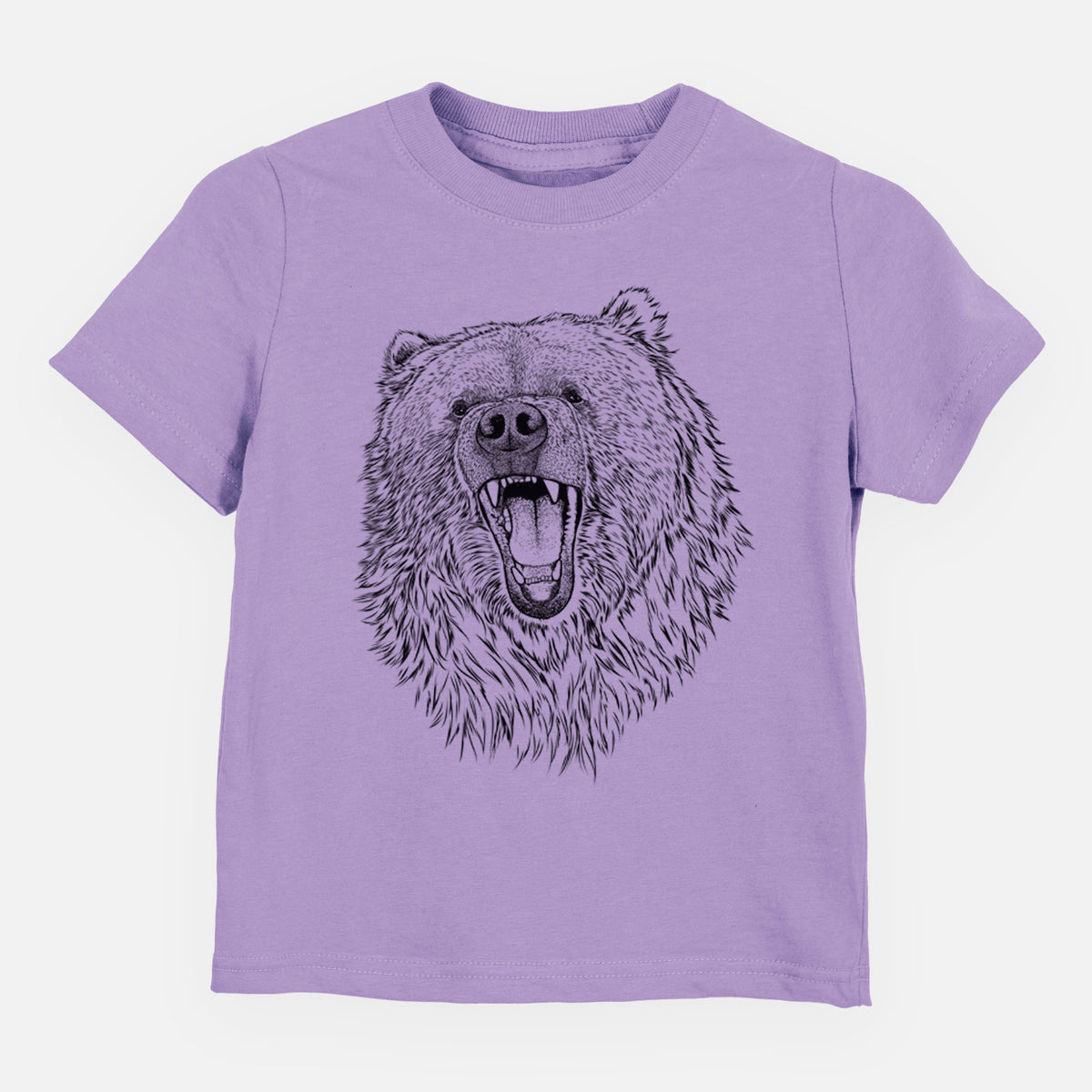 Lavender toddler t-shirt laid flat, printed with a detailed black ink portrait of a roaring Kodiak bear facing forward.