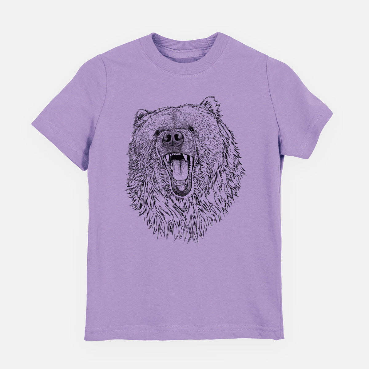 Lavender youth t-shirt laid flat, printed with a detailed black ink portrait of a roaring Kodiak bear facing forward.