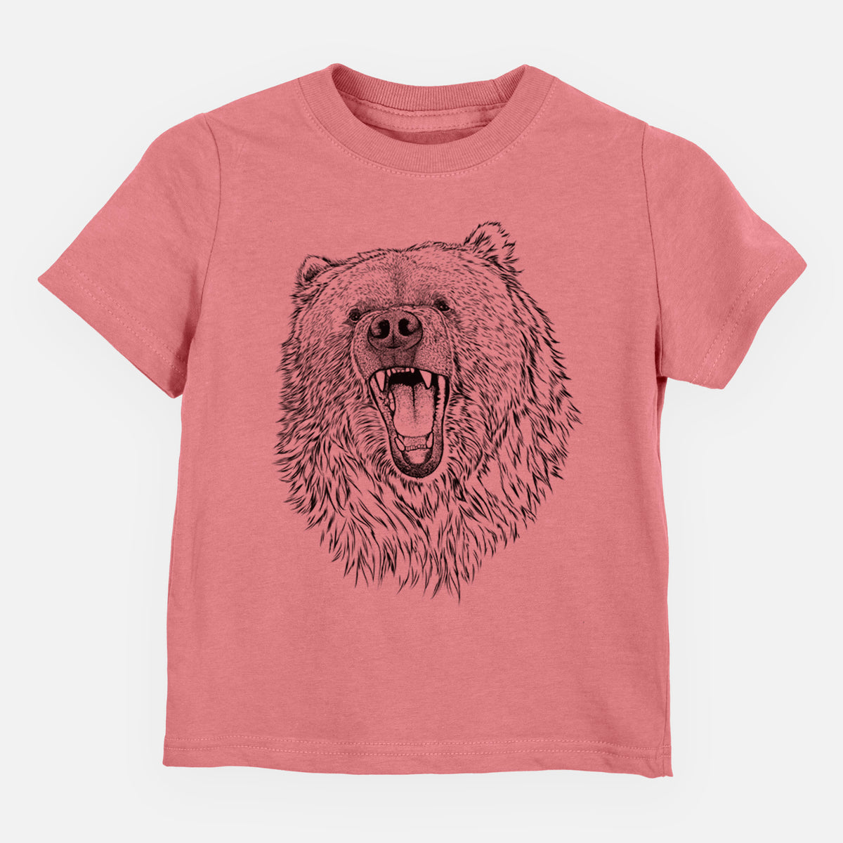 Mauve pink toddler t-shirt laid flat, printed with a detailed black ink portrait of a roaring Kodiak bear facing forward.