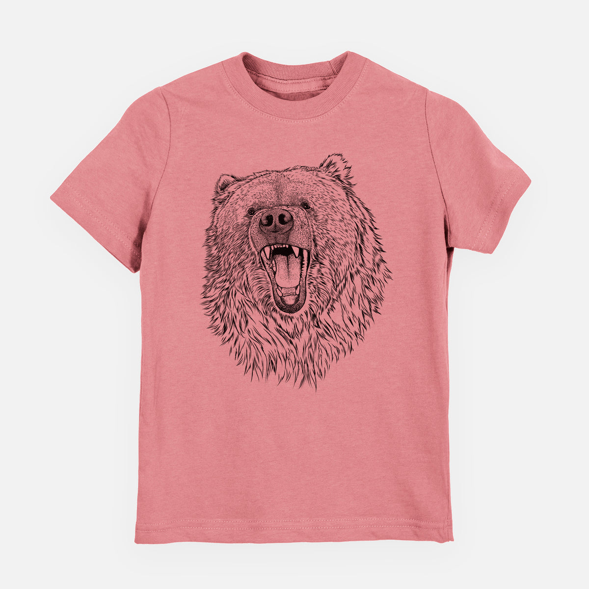 Mauve pink youth t-shirt laid flat, printed with a detailed black ink portrait of a roaring Kodiak bear facing forward.