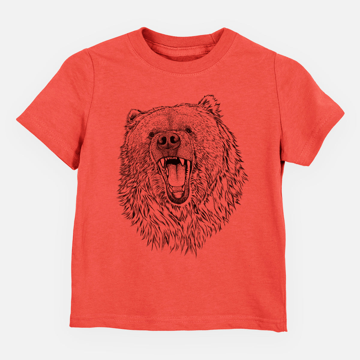 Passionfruit pink toddler t-shirt laid flat, printed with a detailed black ink portrait of a roaring Kodiak bear facing forward.