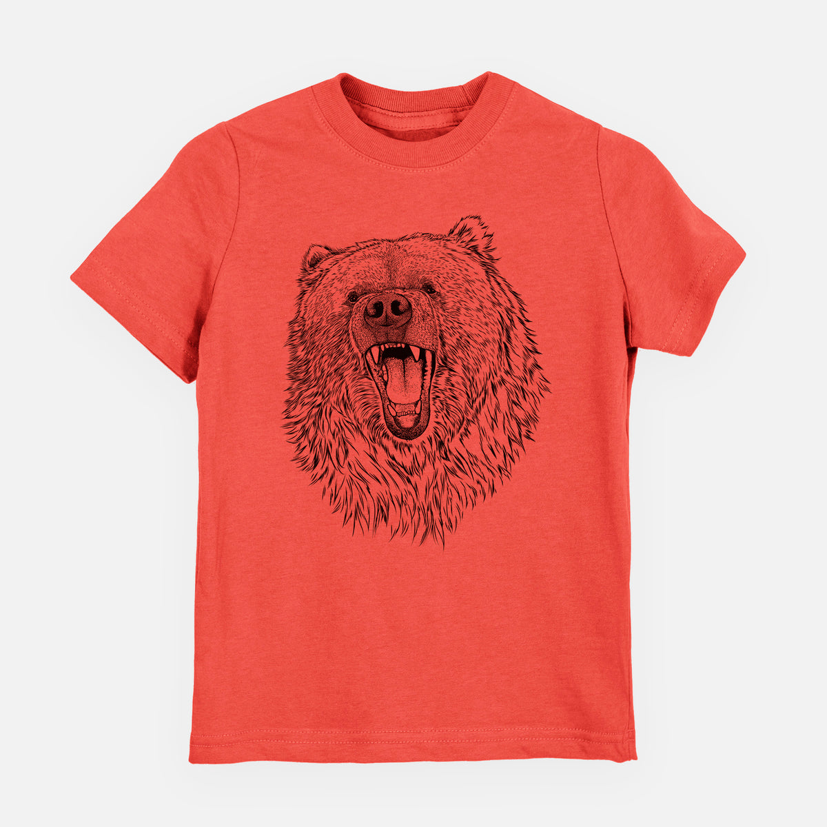 Passionfruit pink youth t-shirt laid flat, printed with a detailed black ink portrait of a roaring Kodiak bear facing forward.