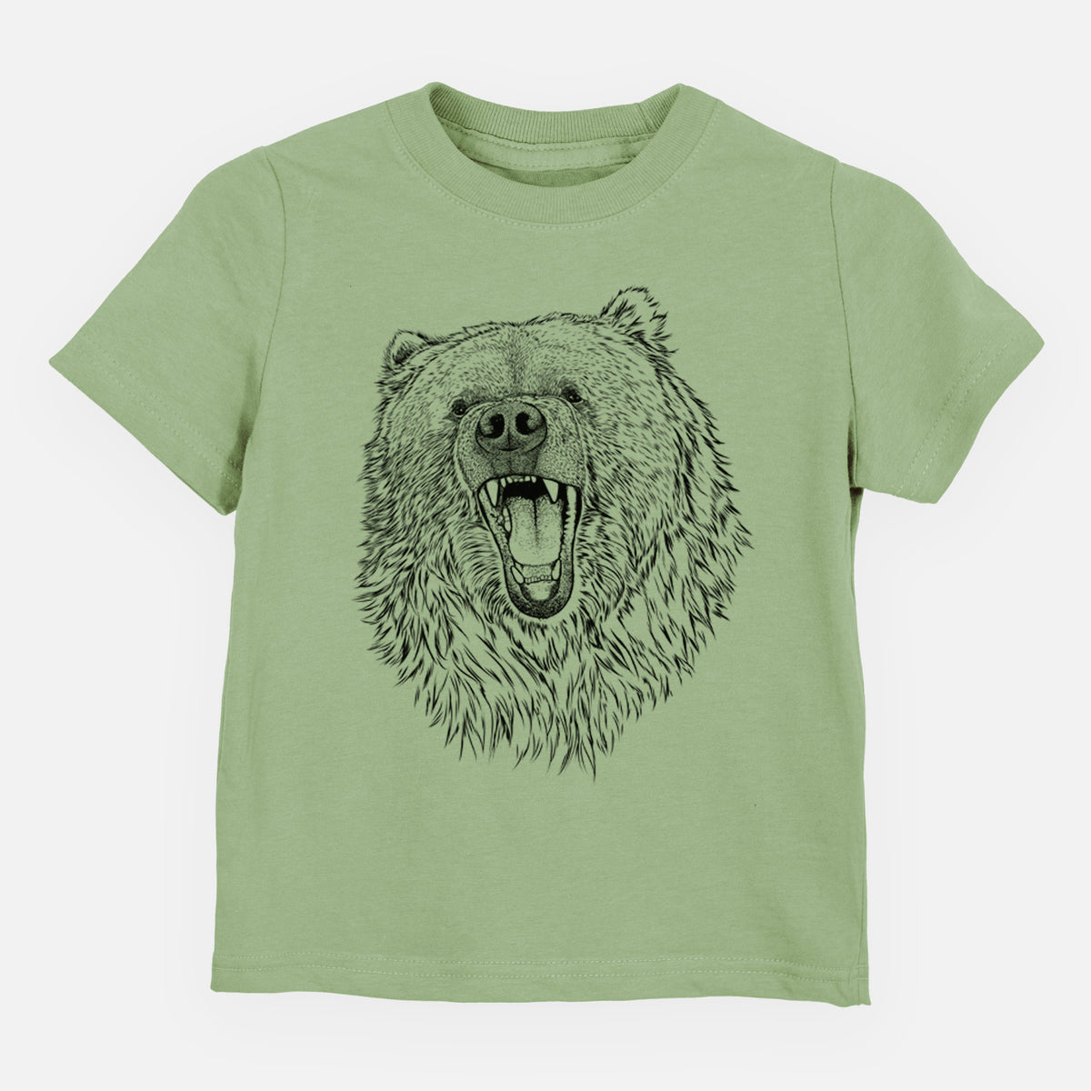 Sage green toddler t-shirt laid flat, printed with a detailed black ink portrait of a roaring Kodiak bear facing forward.