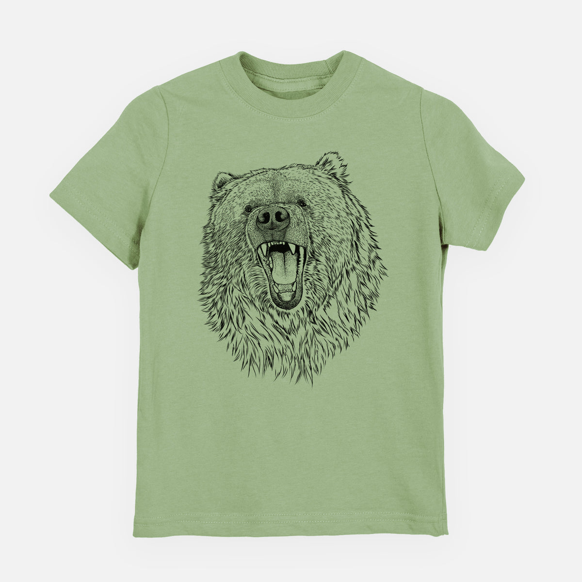 Sage green youth t-shirt laid flat, printed with a detailed black ink portrait of a roaring Kodiak bear facing forward.