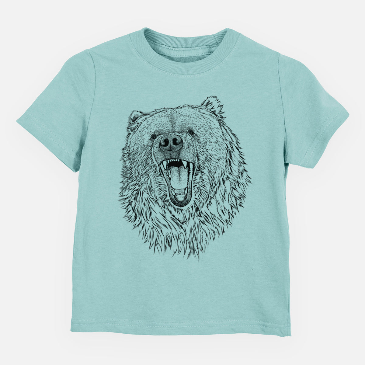 Saltwater toddler t-shirt laid flat, printed with a detailed black ink portrait of a roaring Kodiak bear facing forward.