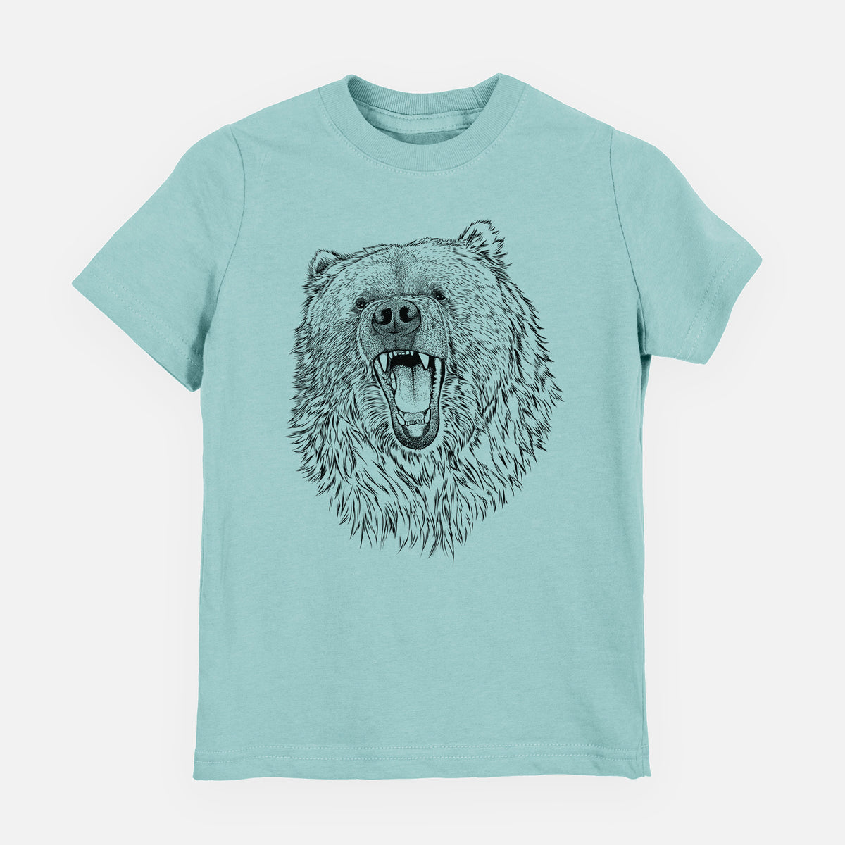 Saltwater youth t-shirt laid flat, printed with a detailed black ink portrait of a roaring Kodiak bear facing forward.
