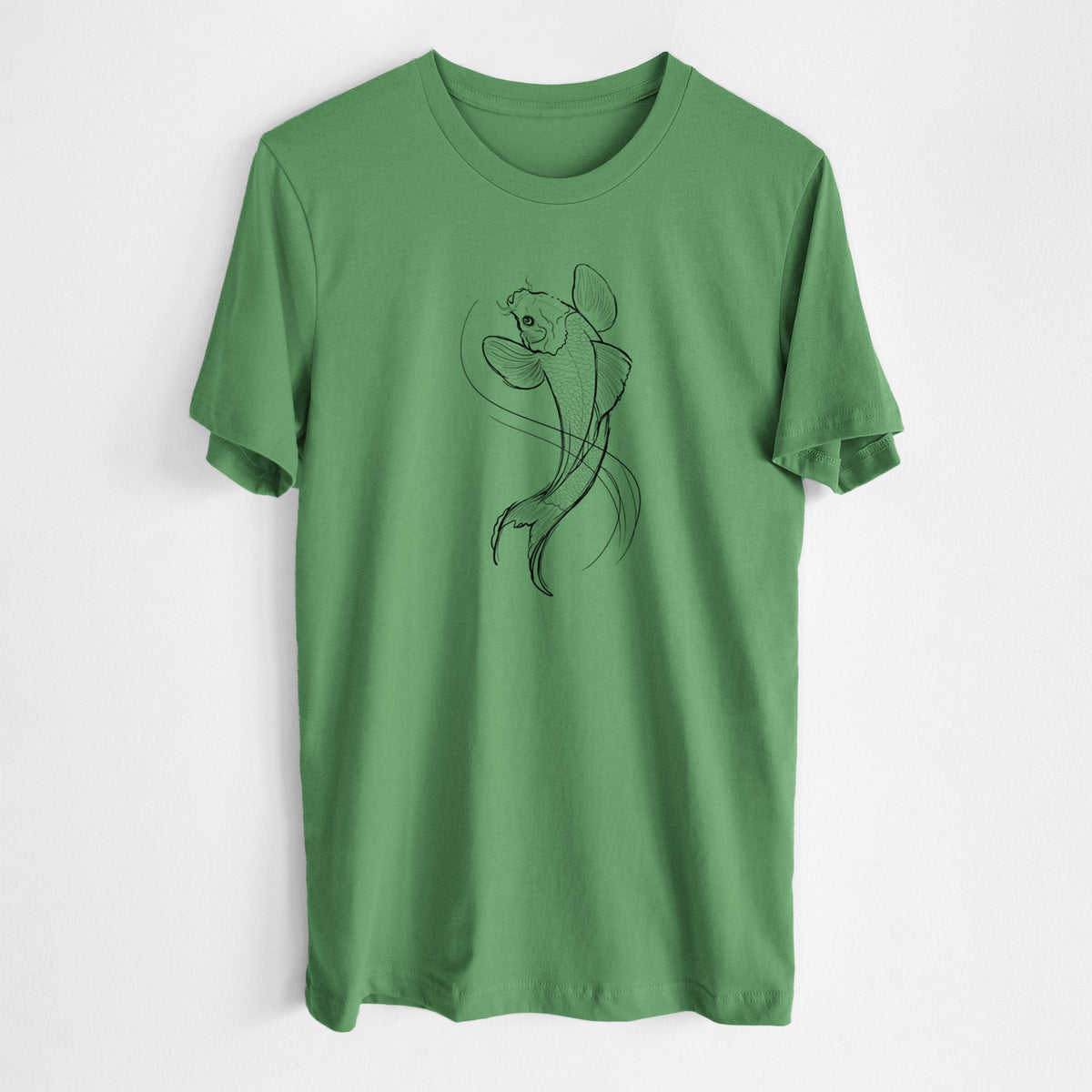 Leaf green lightweight cotton t-shirt laid flat, printed with a black ink line drawing of a koi fish swimming with flowing fins.